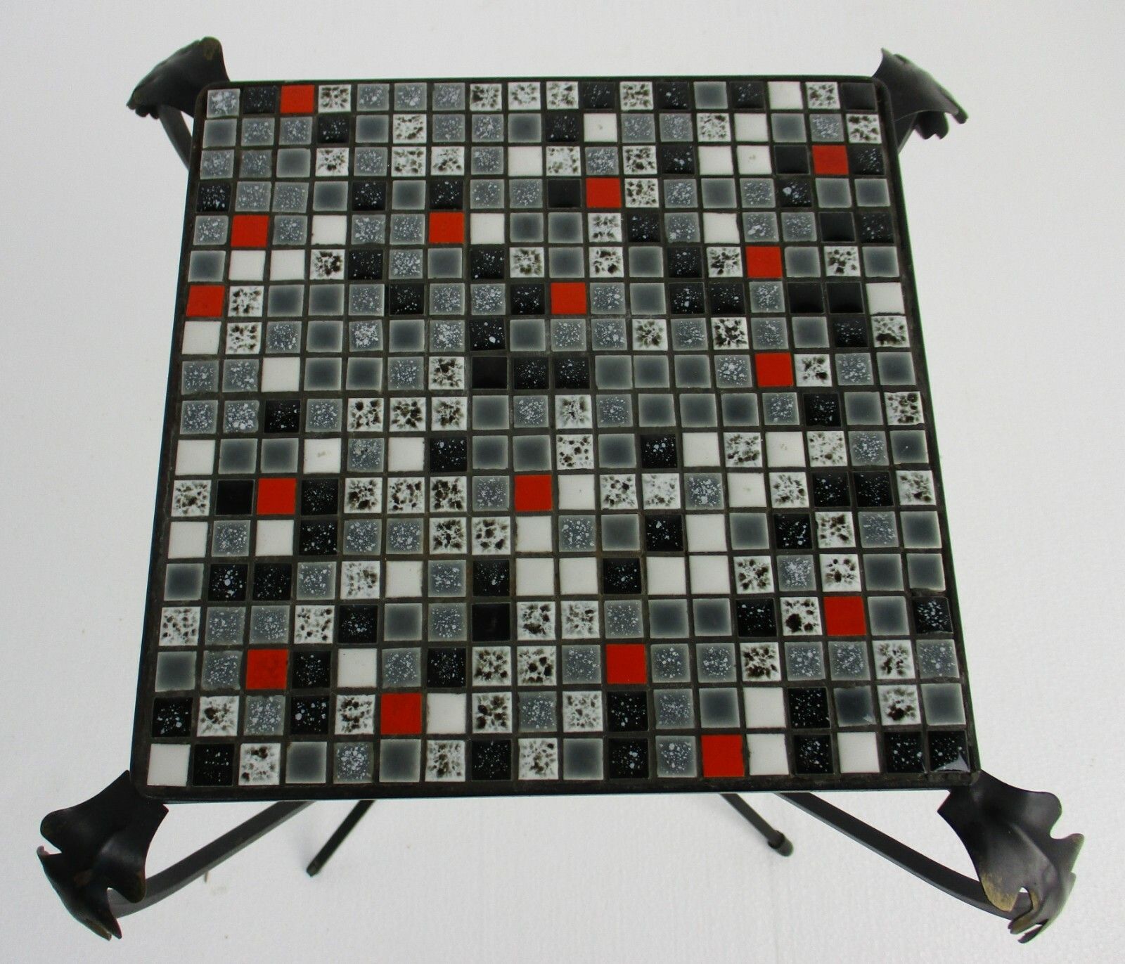 Vintage Small Side Table Plant Stand Mosaic Tiles Checkered Pattern Wrought Iron photo vinterior