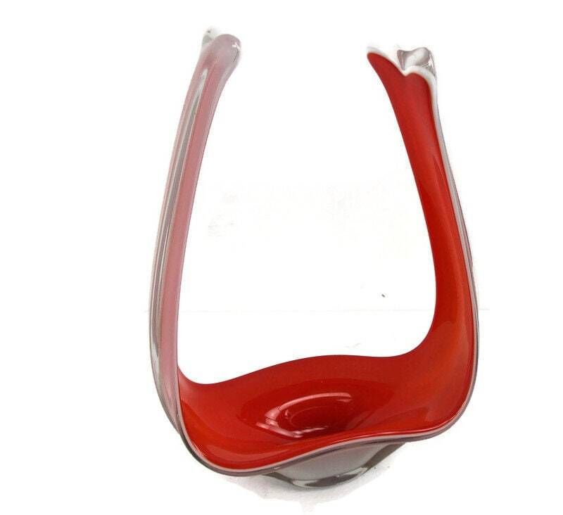 Large Beautiful Art Glass Centerpiece Bowl Fruit Dish Opaline Milk Glass Red Whi