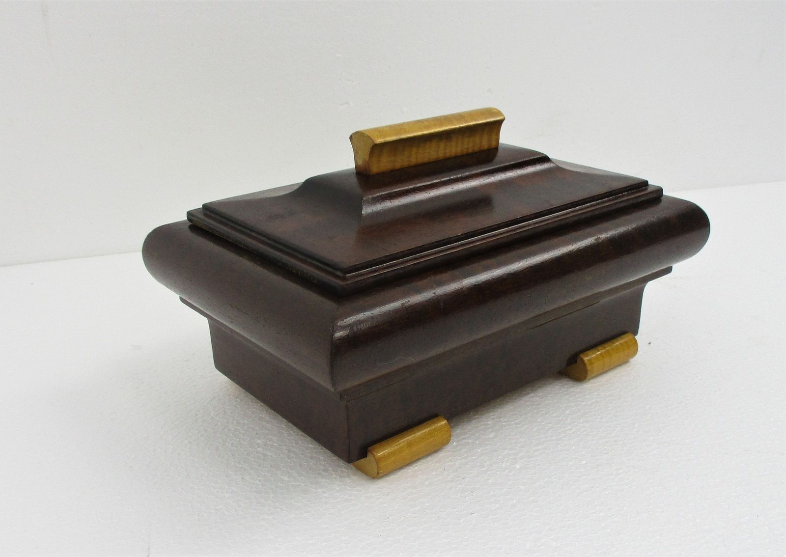 Art Deco Hand Carved Two Toned Wood Jewelry Trinket Tobacco Box Ornate Funky photo for sale