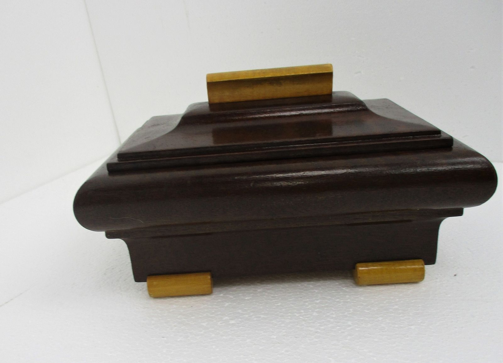 Art Deco Hand Carved Two Toned Wood Jewelry Trinket Tobacco Box Ornate Funky photo 77.0