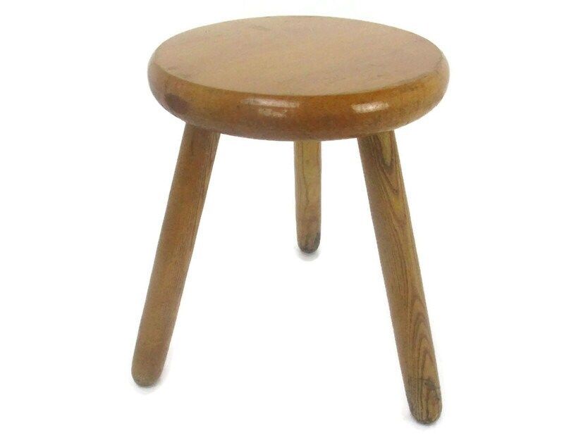 Hand Carved Wood Tripod Milking Stool Pedestal Table Pedestal Barn Style Funky