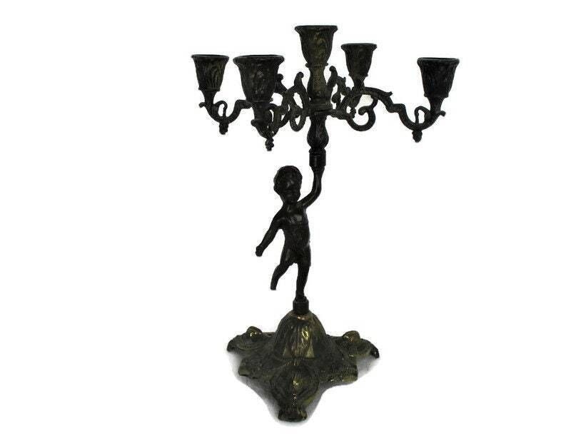 Large Vintage Brass Ornate 5 Arm Candle Holder Candelabra Putti Gorgeous