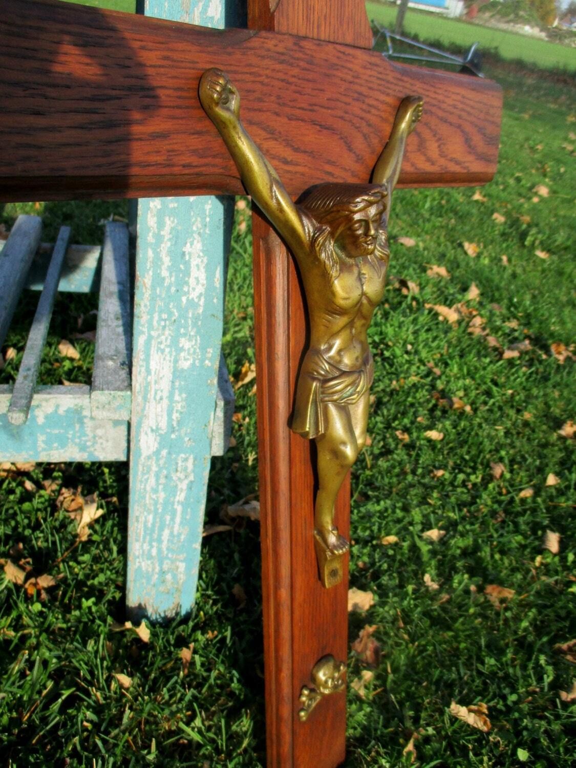 Large Hand Carved Wooden Hanging Crucifix Cross Brass Jesus Christ 27.36" photo for sale