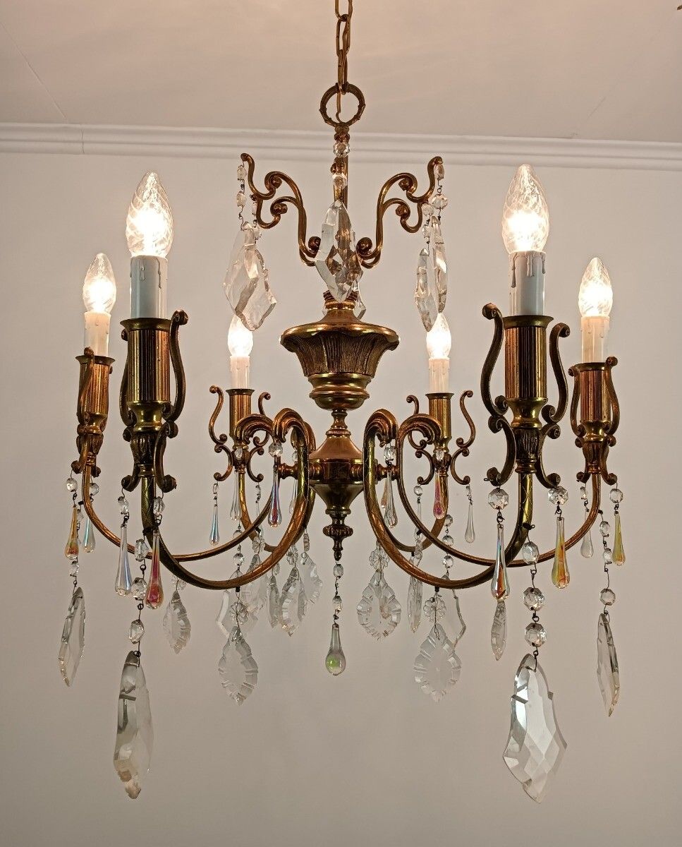 French Chandelier Romantic With Prisms Gold Gilded Brass Vintage Fixture Lamp Ho photo vintage