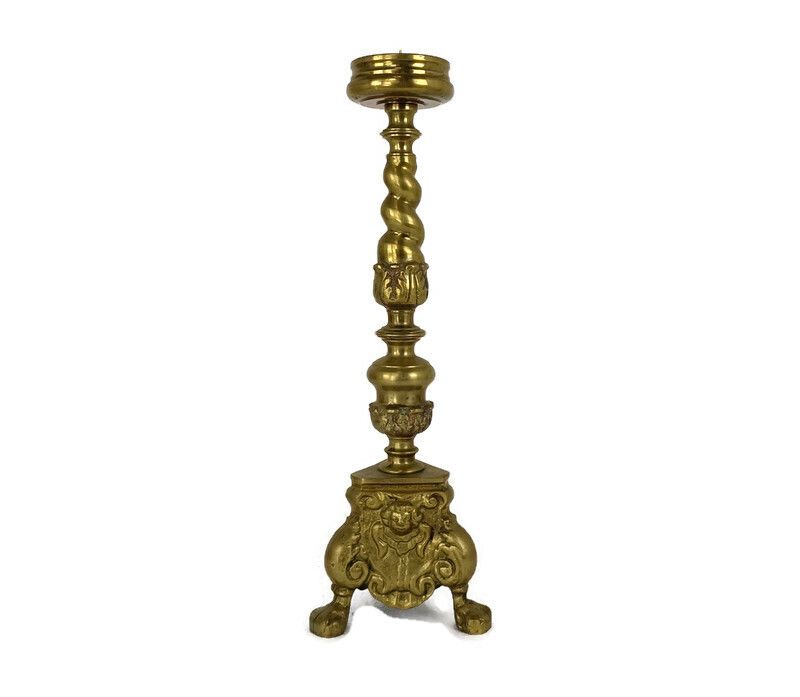 Gothic Large Candle Stick Candle Holder Brass Angel Faces Twisted Stem Ornate