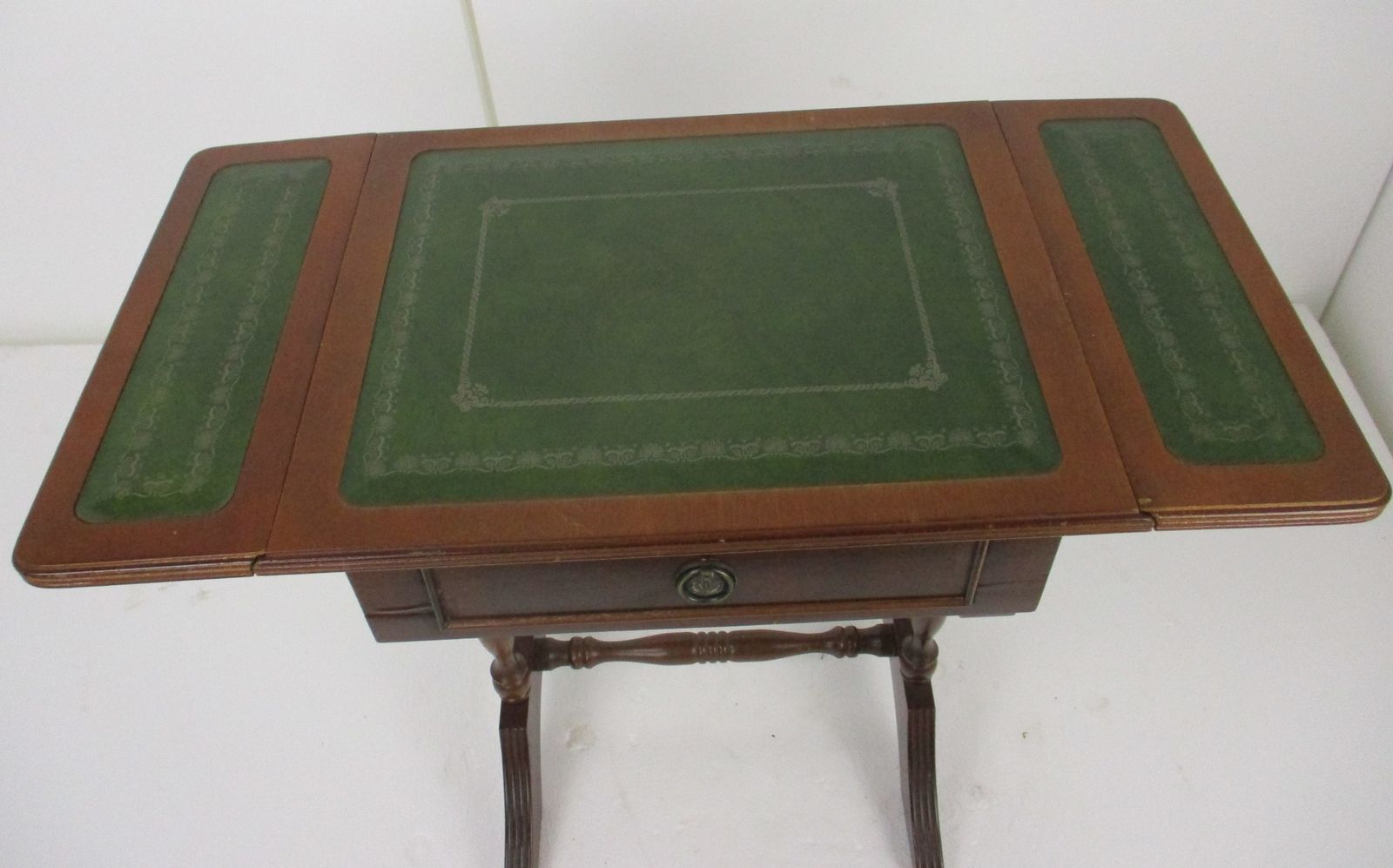 photo for sale Antique Hallway Drop Gate Gaming Side Table Wood Faux Leather Country Style Gorg