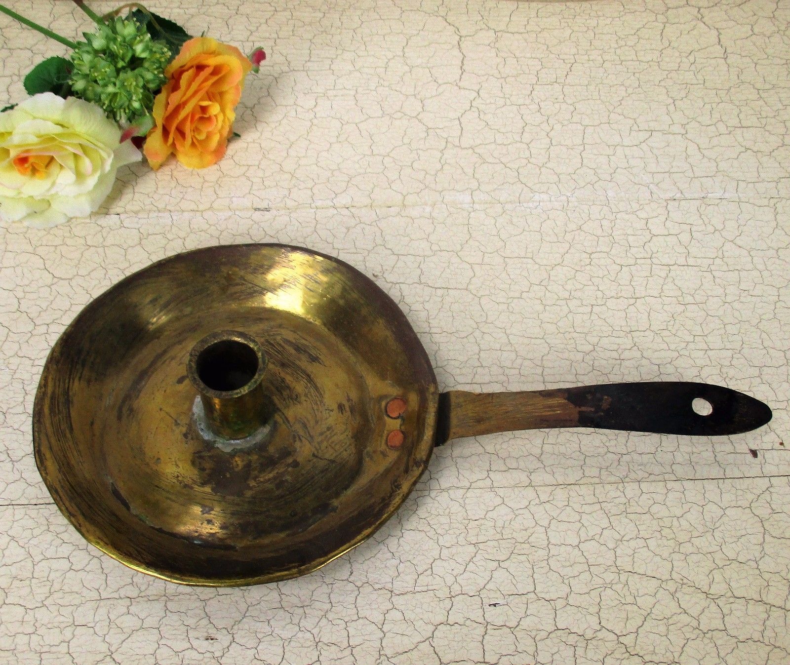 19th Century Antique Hand Hammered Brass Candle Holder Chamberstick  Htf photo for sale