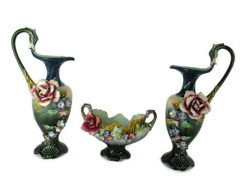 Set Of 3 French Barbotine Majolica Vases Planters Centerpiece Pitchers Art Nouve