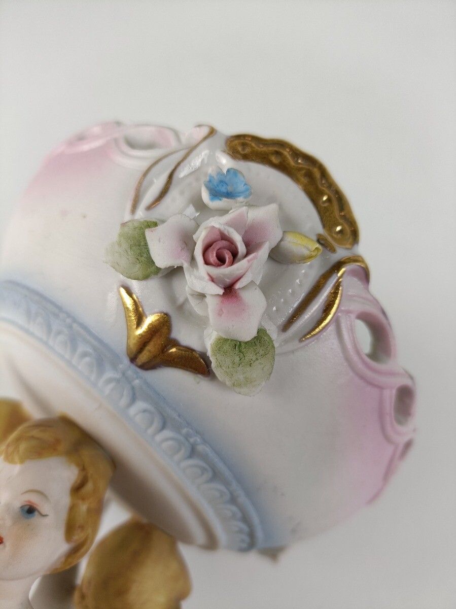 Porcelain Centerpiece Statue Basket 3 Lovely Children Carrying Basket Flowers VI photo vintage