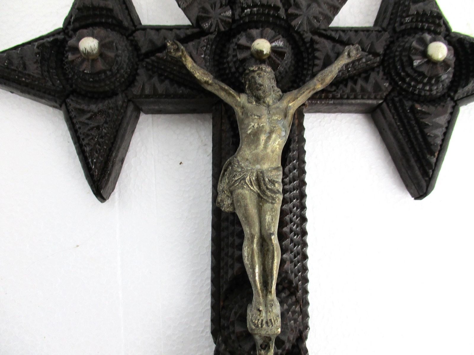 photo for sale Altar Standing Crucifix Corpus Christi Hand Carved Wood Spelter Folk Art Beautif