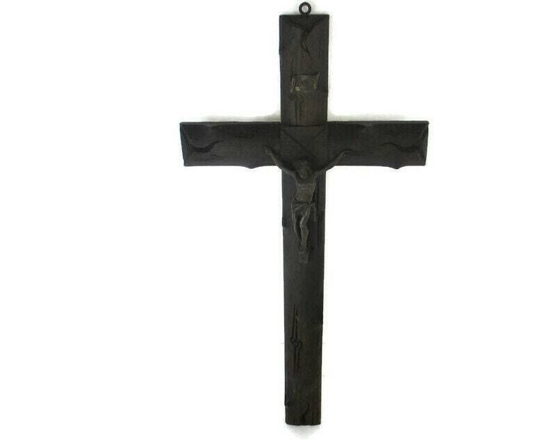 Hand Carved Wood  Hanging Crucifix Cross Jesus Christ Beautiful Bronze  Corpus photo furniture