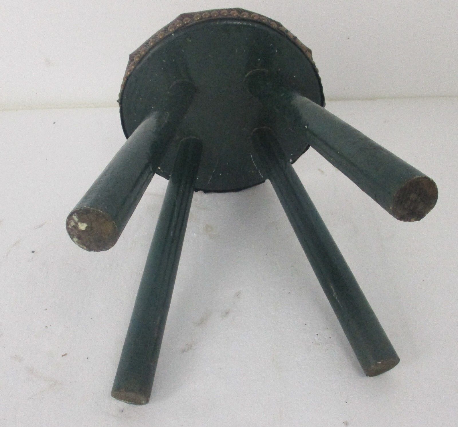 Vintage Hand Carved Wood Tripod Milking Stool Pedestal  Green Leather Hobnails photo vintage