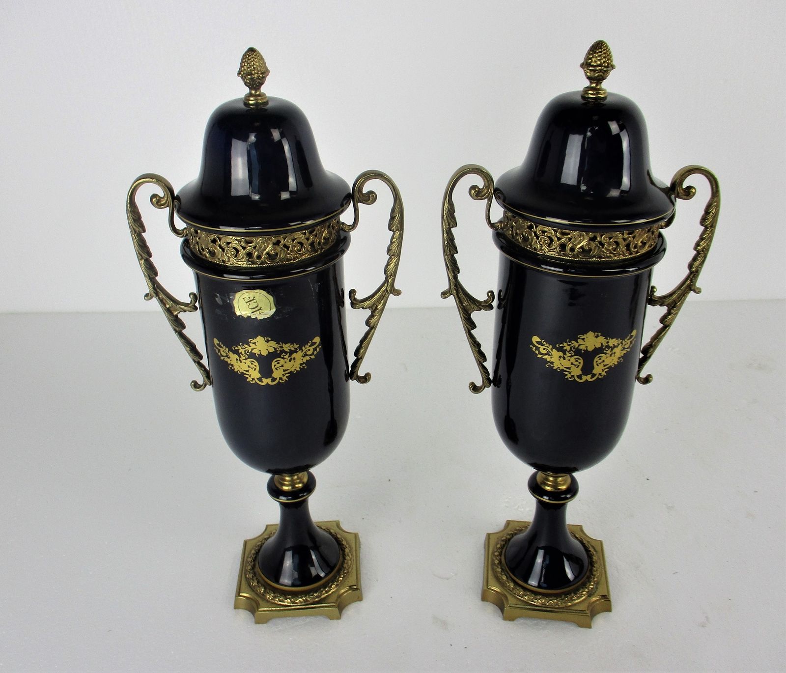 French Couple Pair  Vases Centerpieces Urns Cobalt Blue Porcelain Sevres 1950 photo for sale