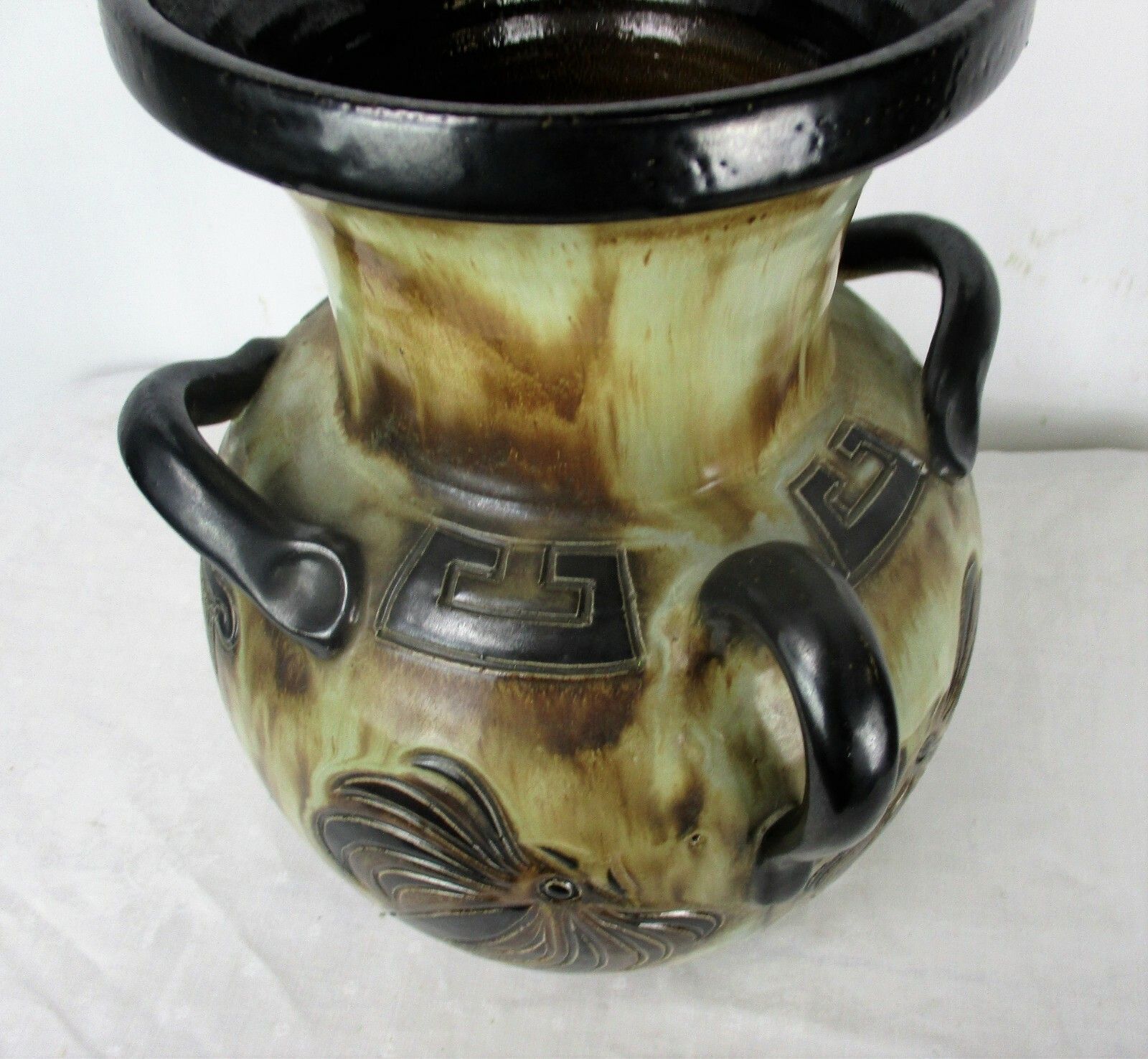 Art Deco Revival Vase Marked Guerin 3 Handles Greek Mythology Stoneware  12.20" photo vinterior
