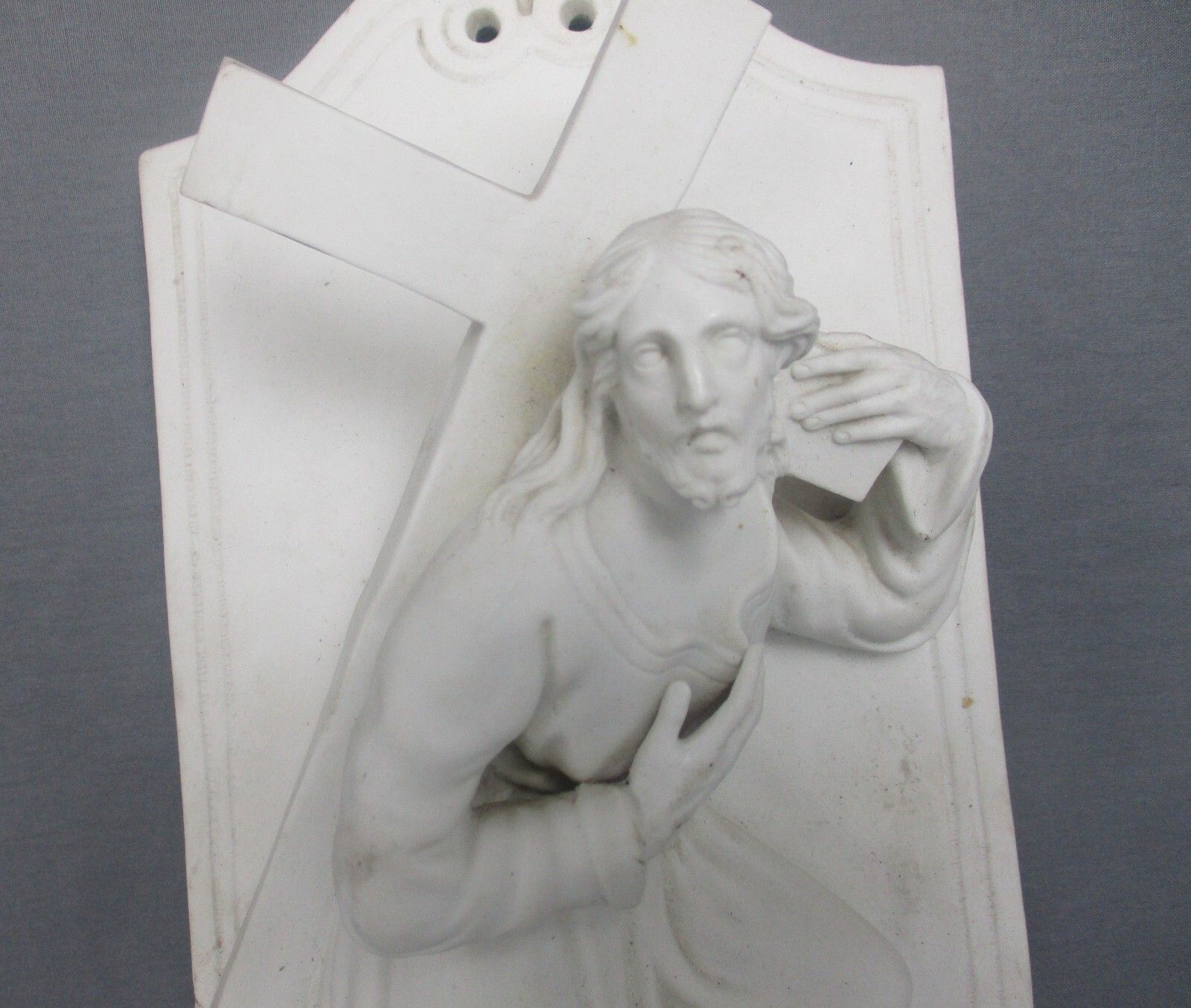 Large Antique Porcelain Bisque Holy Water Font Vessel  Jesus Crucifix Church Wow photo for sale