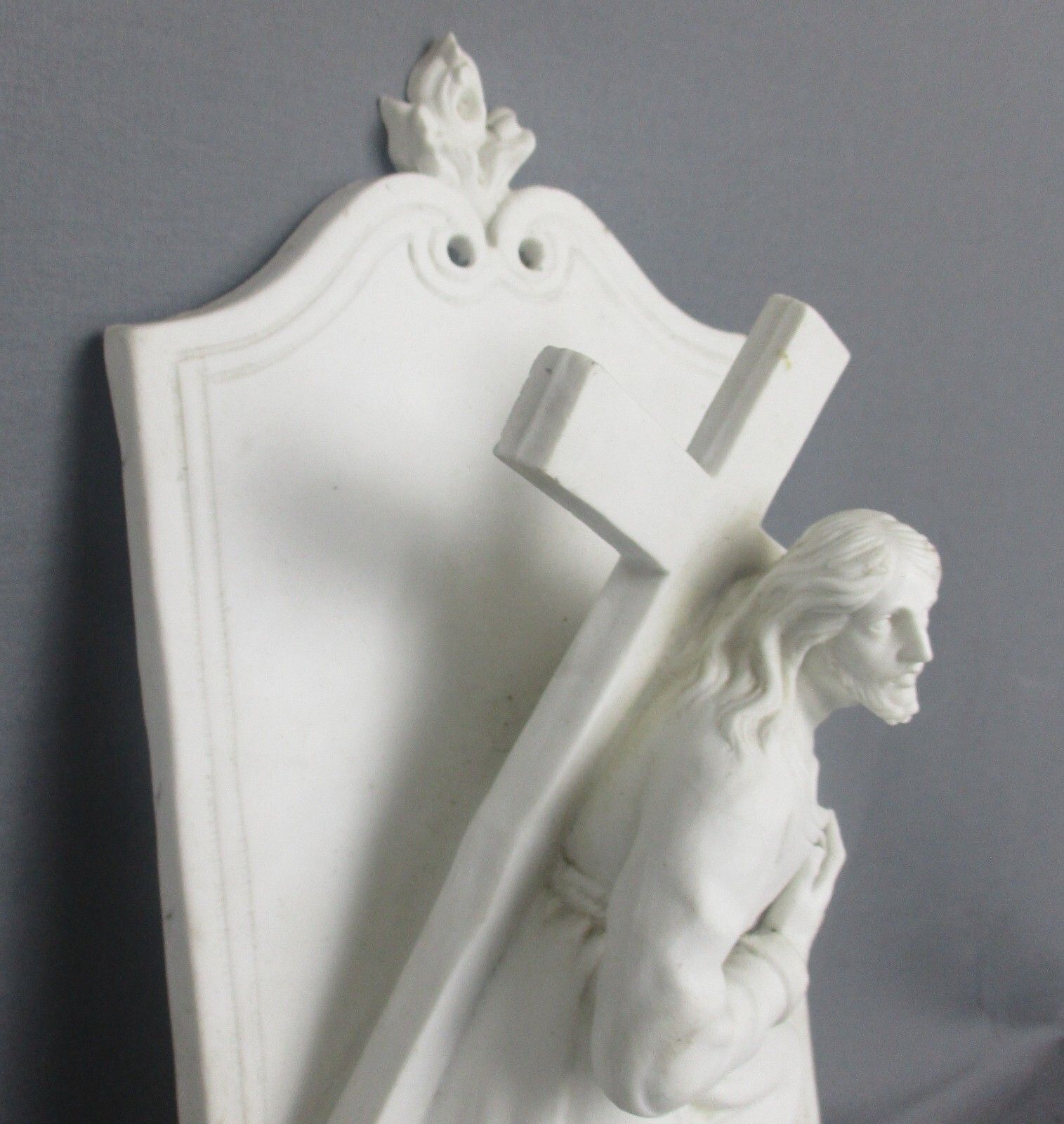 Large Antique Porcelain Bisque Holy Water Font Vessel  Jesus Crucifix Church Wow photo 575.0