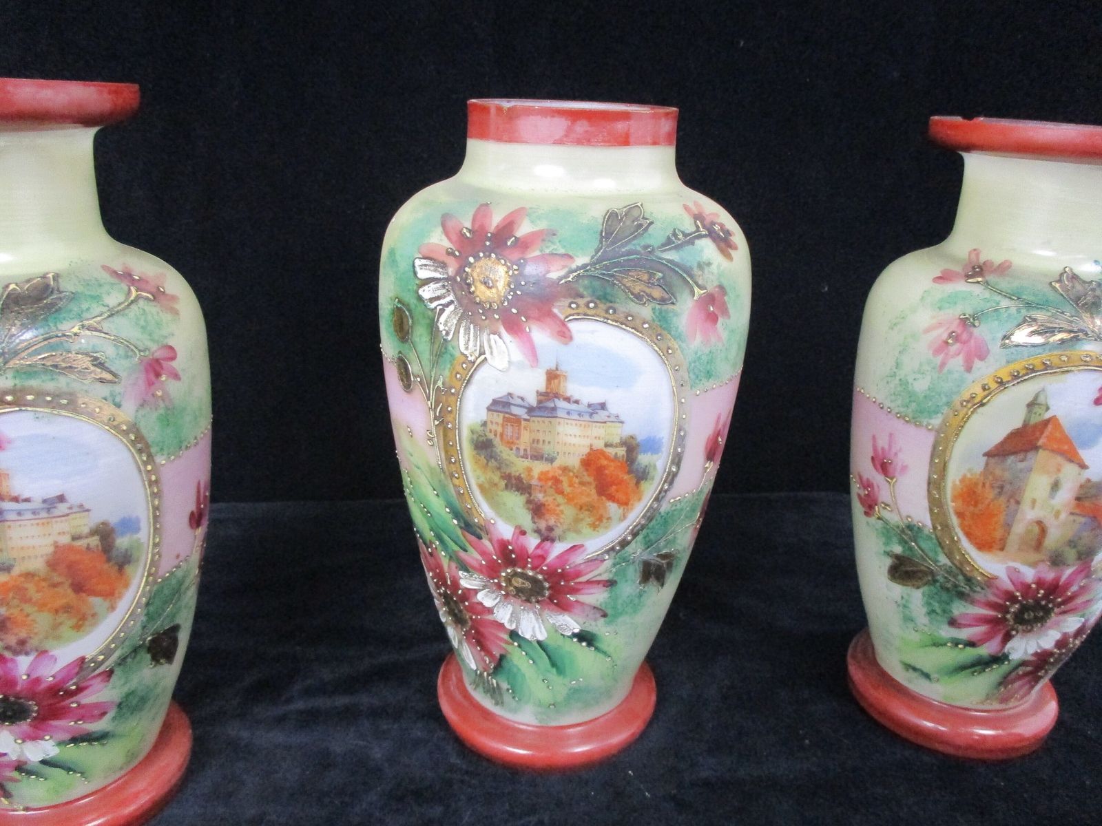 Set Of 3 Antique Vases Garniture Set Hand Painted Art Glass Ormolu Flowers Castl photo for sale