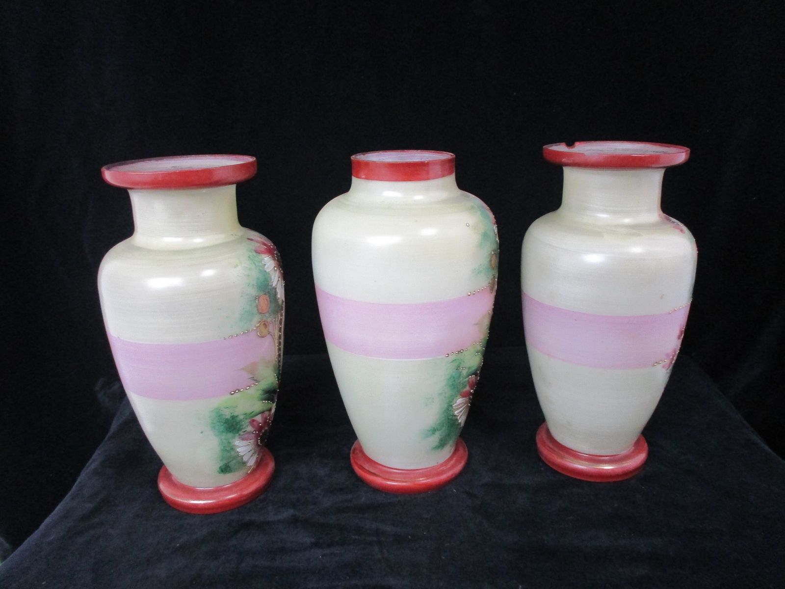 Set Of 3 Antique Vases Garniture Set Hand Painted Art Glass Ormolu Flowers Castl photo buy