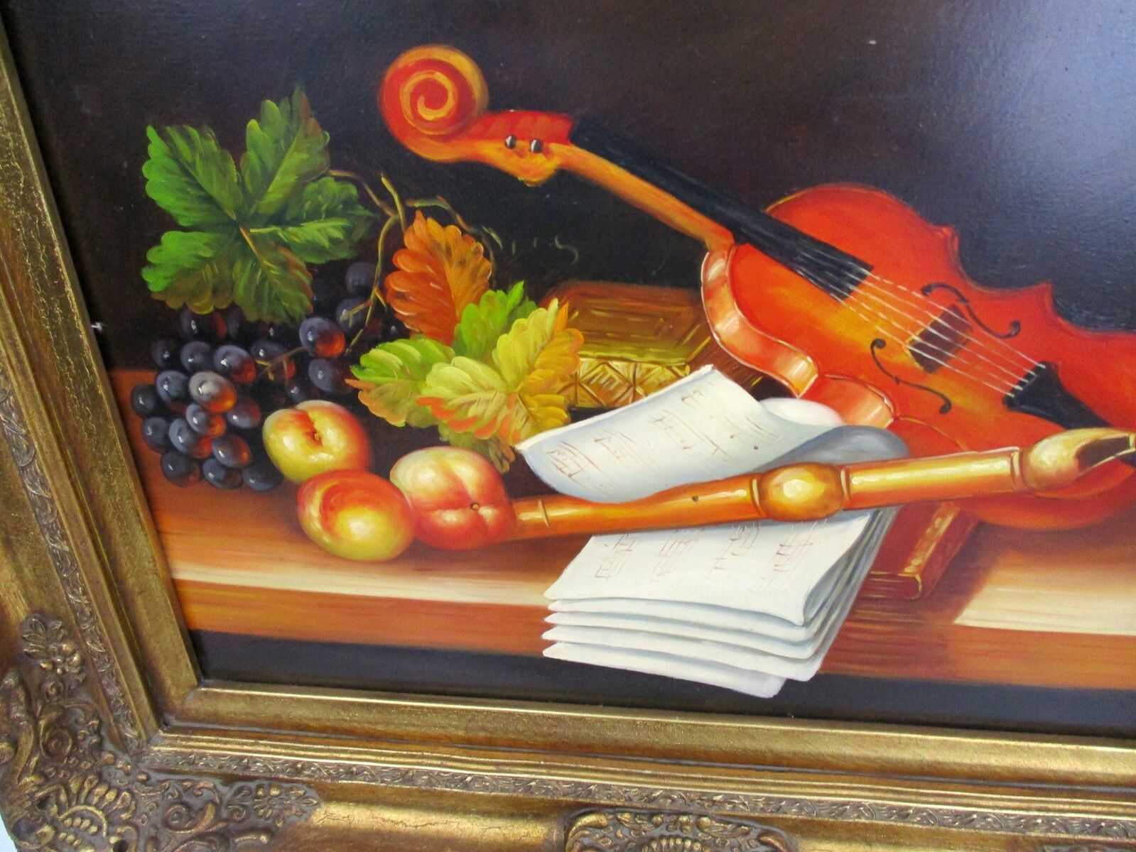 Oil Painting On Wood Gorgeous Wooden Frame With Lamp Still Life Violin Signed photo for sale
