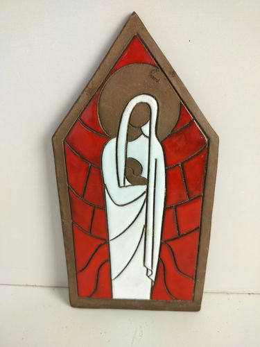 Hand Made Vintage Wall Plaque Small Ceramic Signed D'apres La Vierge Du France photo furniture