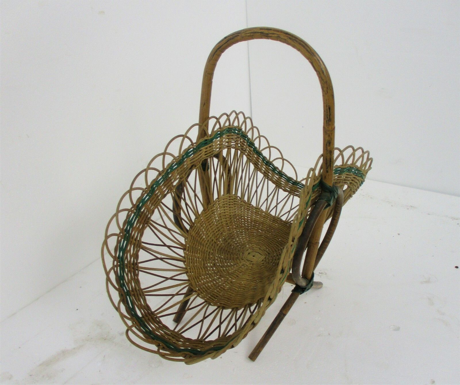 Vintage Rattan Wicker Magazine Newspaper Basket Rack Hobo Chick Barn Country photo furniture