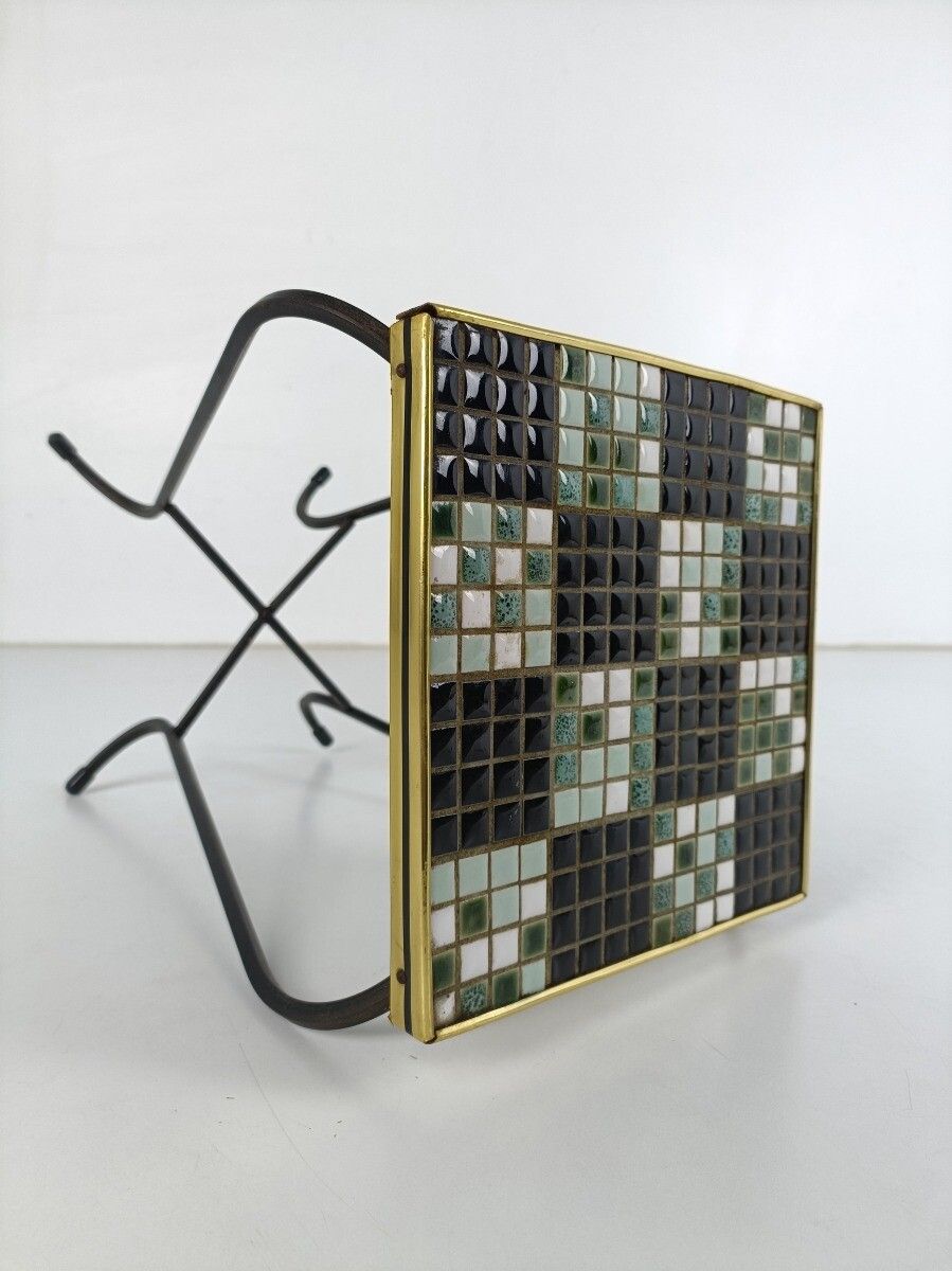 Vintage Small Side Table Plant Stand Mosaic Tiles Checkered Pattern Wrought Iron photo 202.0