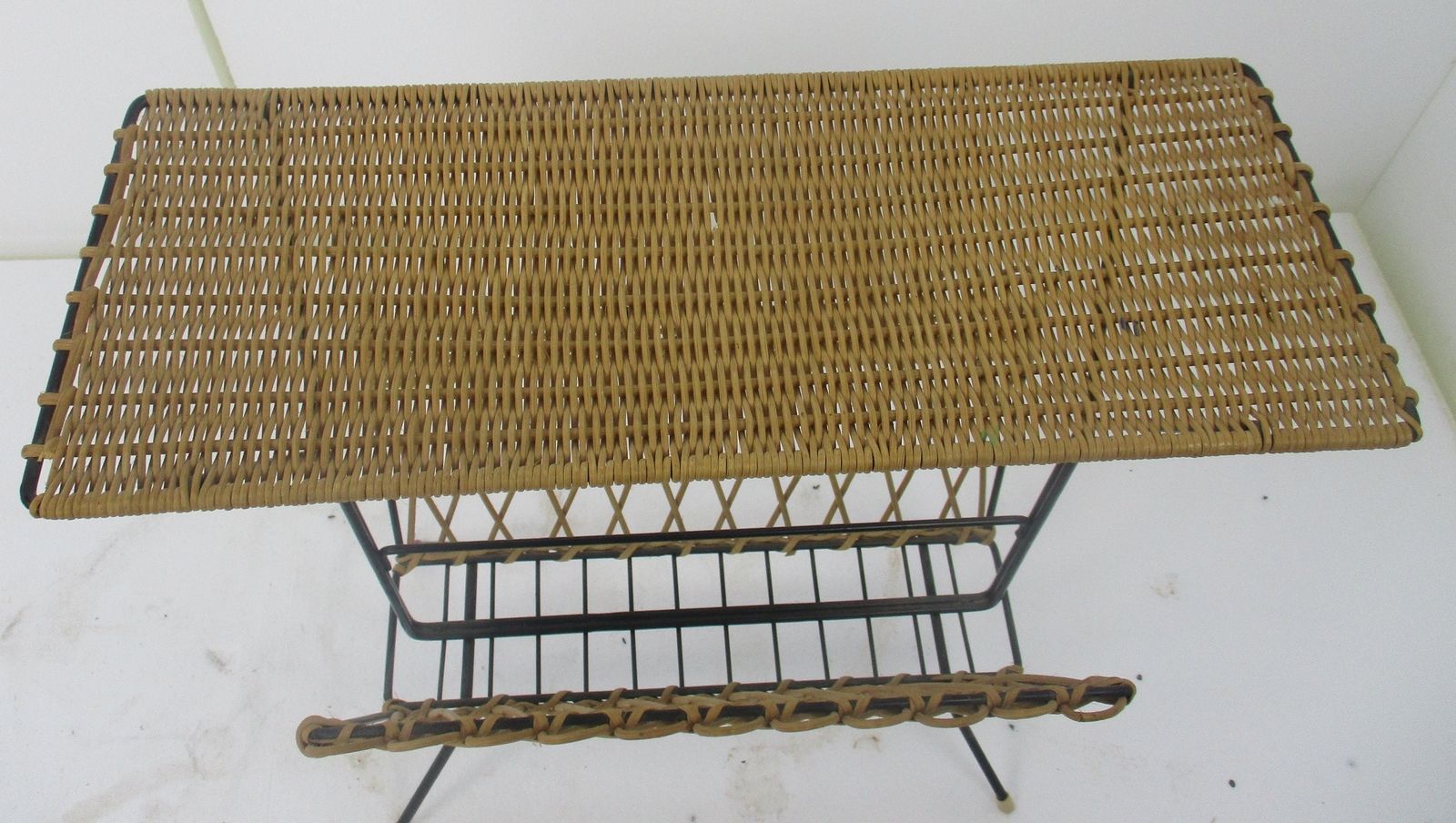Vintage Rattan Wicker Magazine Newspaper Basket Rack Hobo Chick Barn Country photo for sale