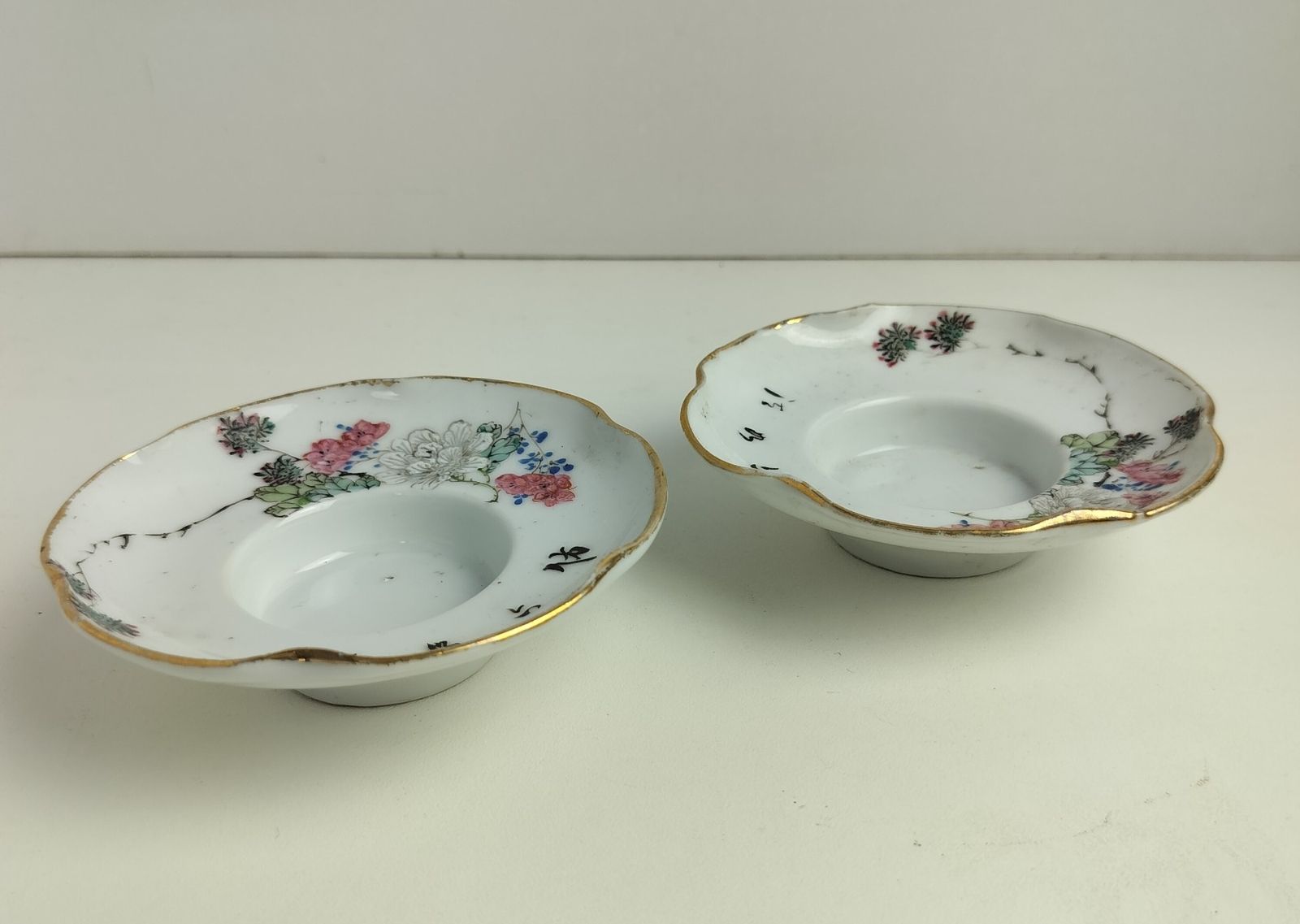 Antique Porcelain Chinese Hand Painted Candle Holders Dishes Pair Very Rare