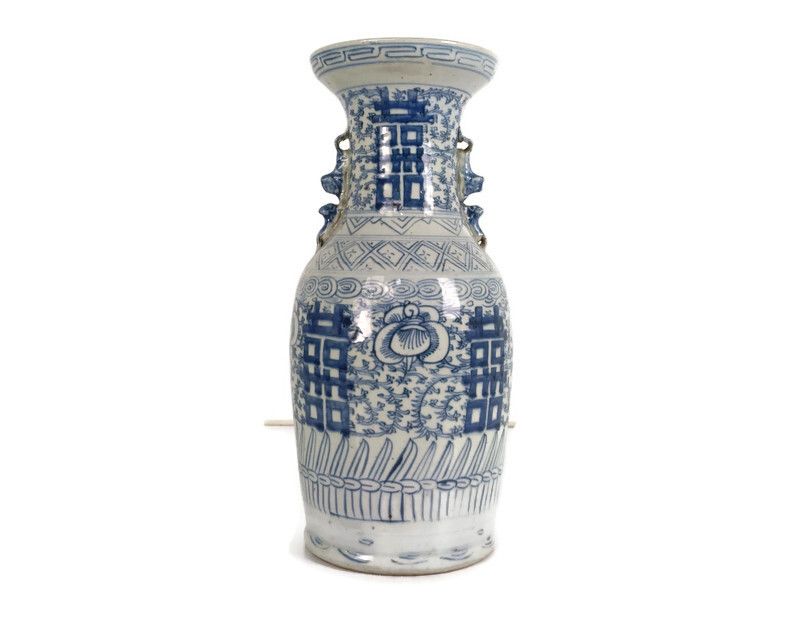 Antique 19th Century Happiness Vase Urn Ginger Jar Wedding Bliss Blue White Ch