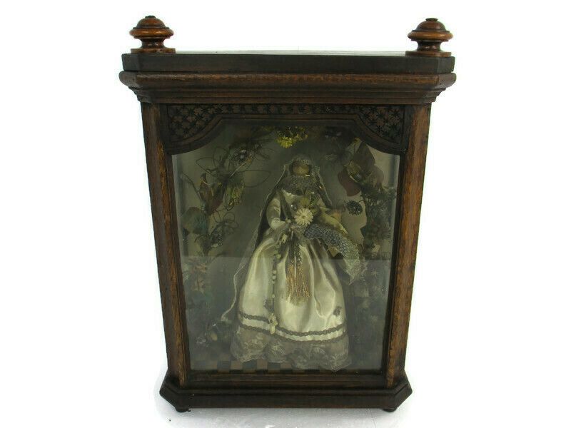 19th C Antique Hand Carved Wood Chapel Niche Shrine With Hand Made Antique Doll