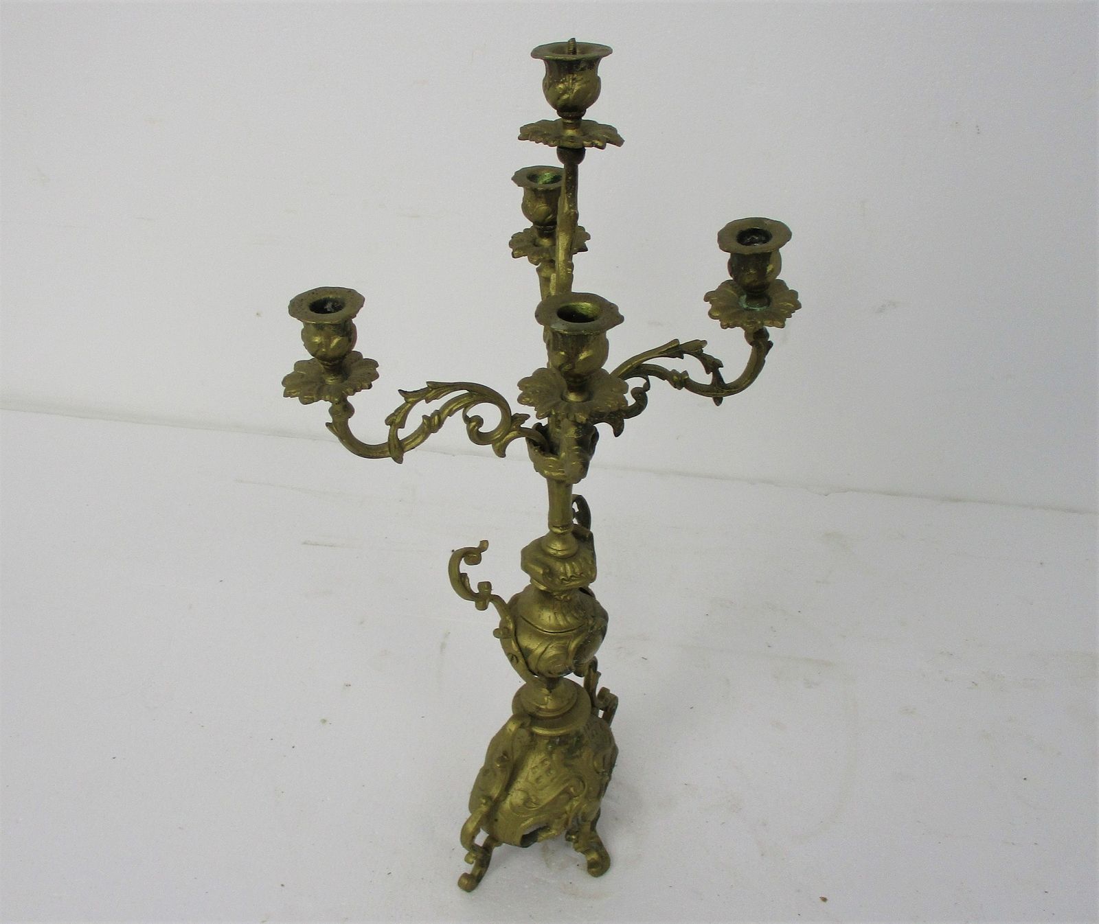 Gorgeous Brass Ornate Embossed Candle Holder Stick Candelabra 5 Arm Gold Painted photo for sale