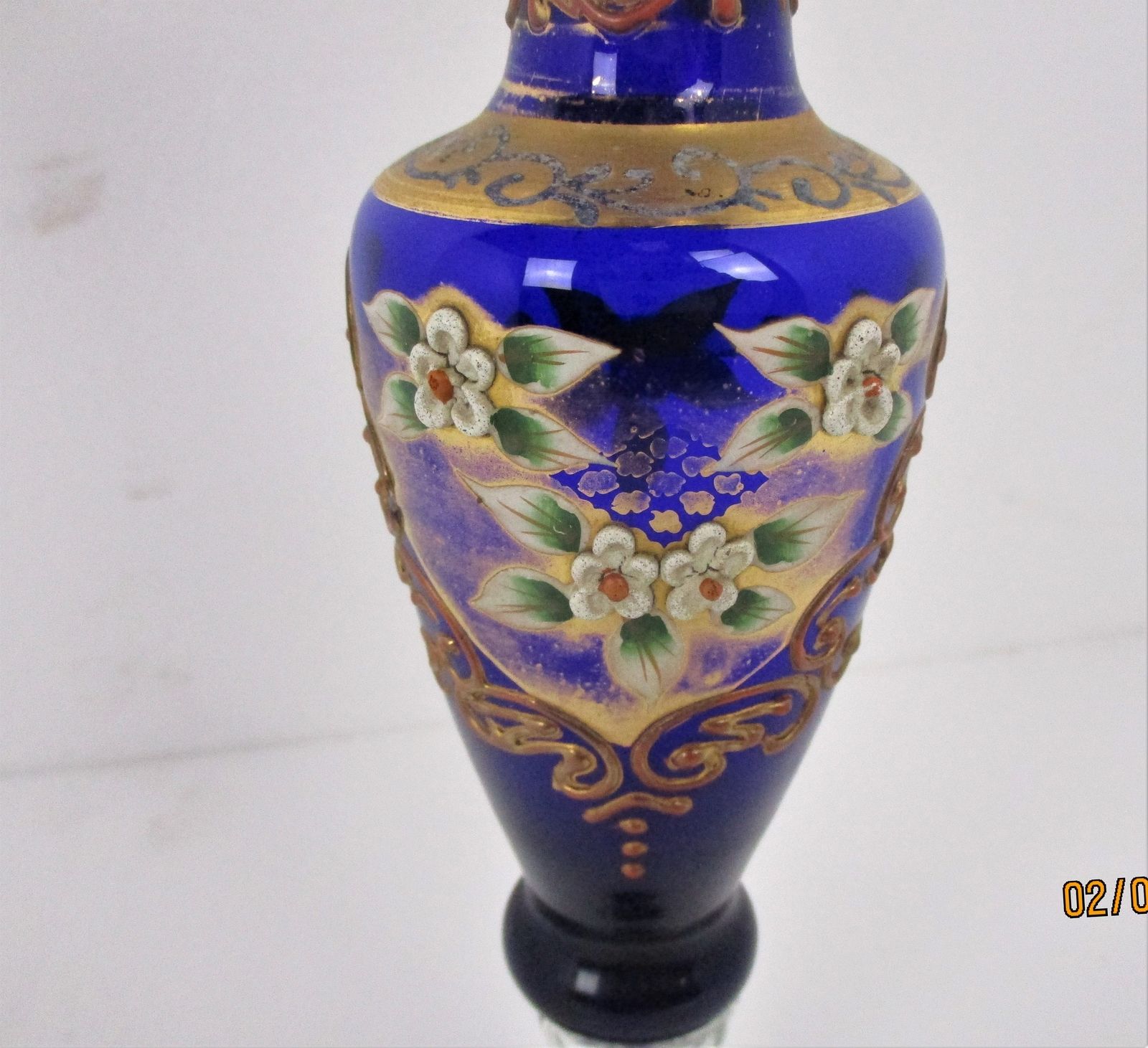 Moser Art Glass Hand Painted Small Vase Twisted Stem Gold Gilded Bohemian Czech photo for sale