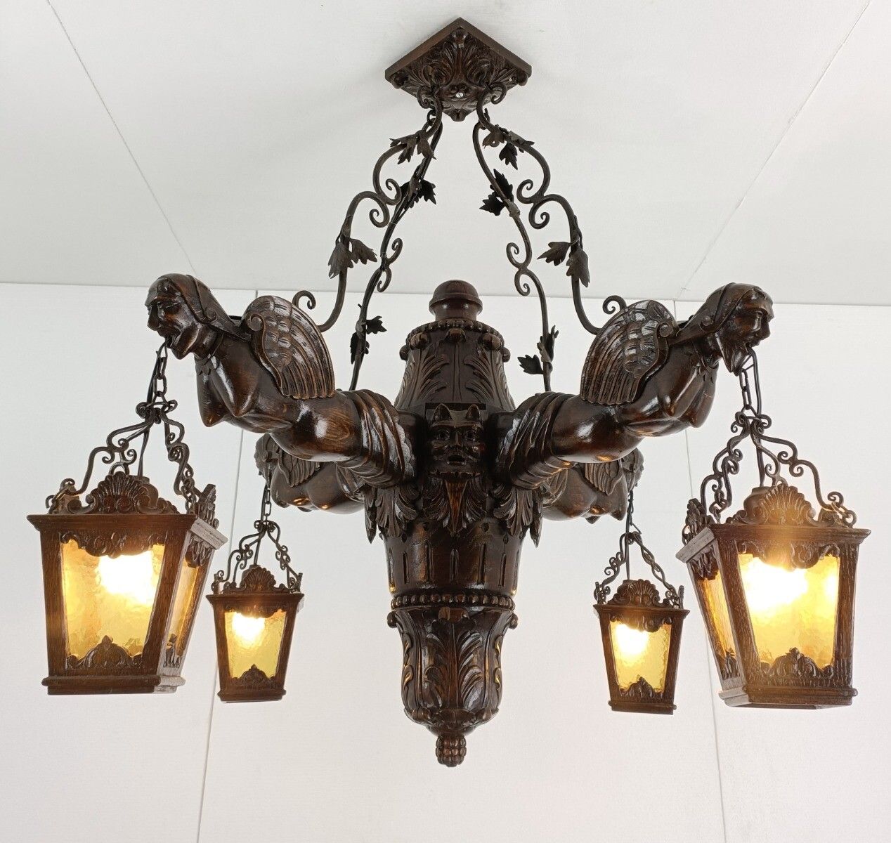 Gothic Chandelier Antique Gargouilles Oak Wood 1900 Huge 4 Lights Exquisite Wow photo Lighting