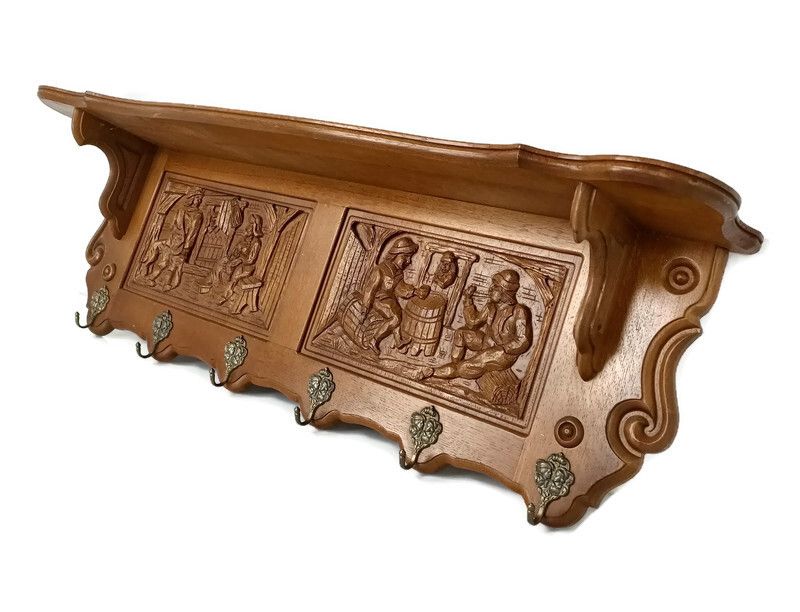 Gorgeous Hand Carved Wood  Coat Hat Rack Breughel Style Figurines Panels Antiq