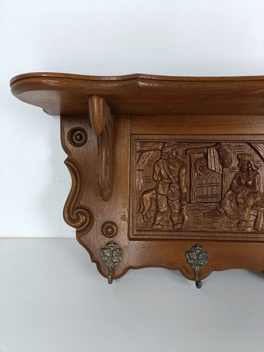 Gorgeous Hand Carved Wood  Coat Hat Rack Breughel Style Figurines Panels Antiq photo 364.0