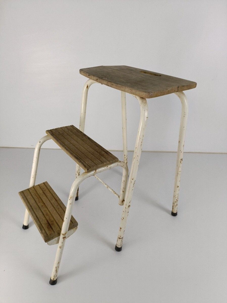 Mid Century Step Ladder Iron Fold Out Steps Kitchen Library Funky Decorative Pla photo vinterior