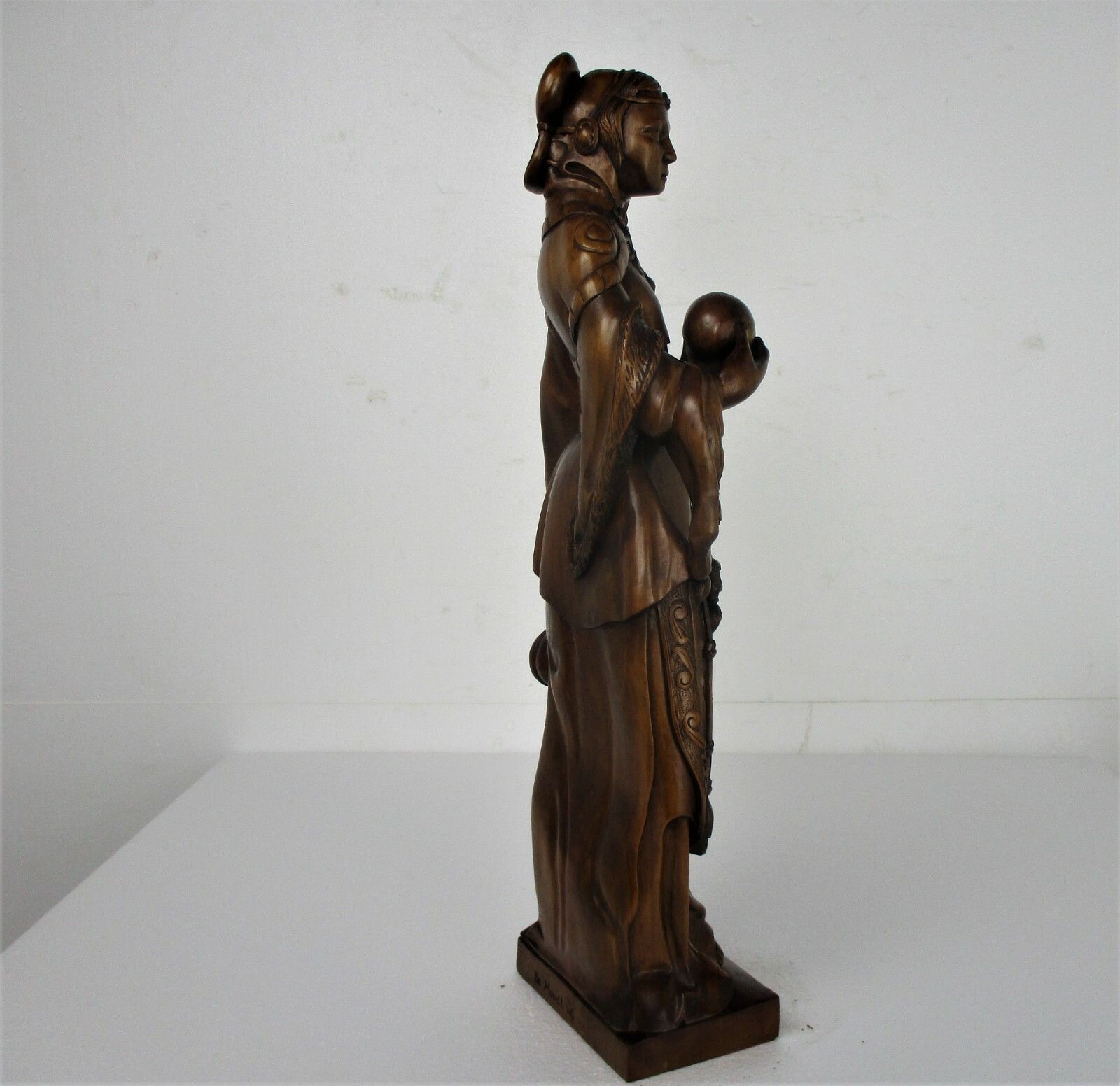 photo furniture L Hand Carved Wood Statue Lady Saint ? With Pouch And Globe Signed De Hondt W.