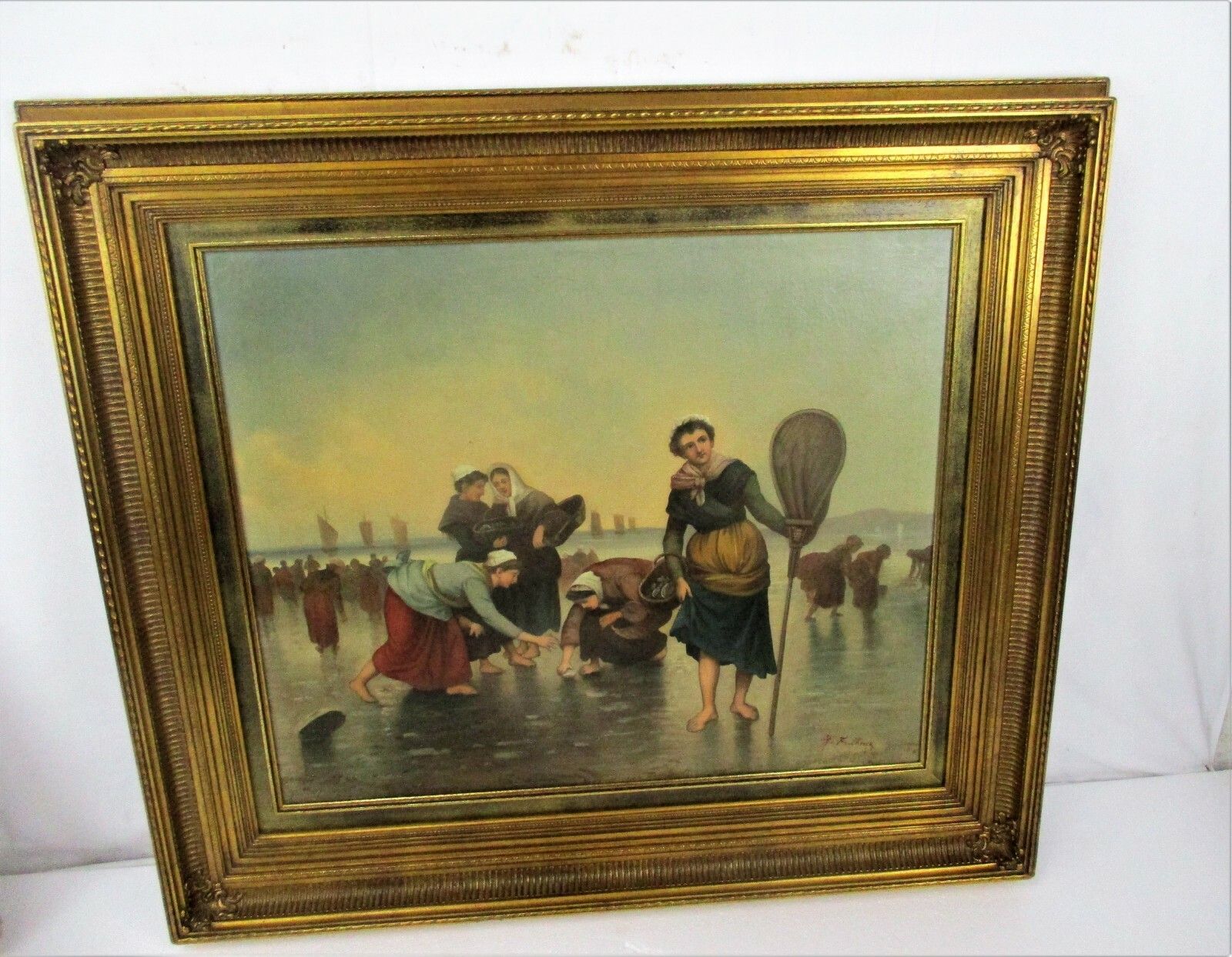 Pair Ornate Framed Wood Plaster Panels Fisher Women Goodbye Looking For Oysters photo vinterior