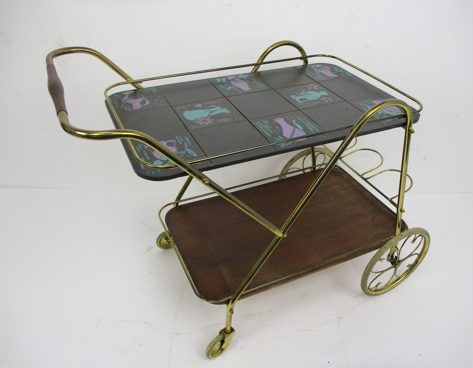 Mid Century Modernist Brass Bar Trolley Cart Era Josef Frank Svenskt Style Tile photo for sale