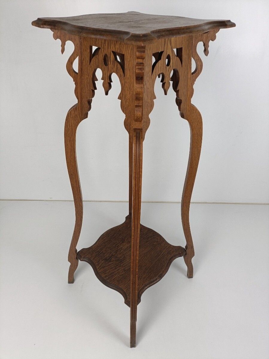 Art Noveau Antique Pedestal Plant Stand Two Tier Side Table, Bonsai Table Carved photo furniture
