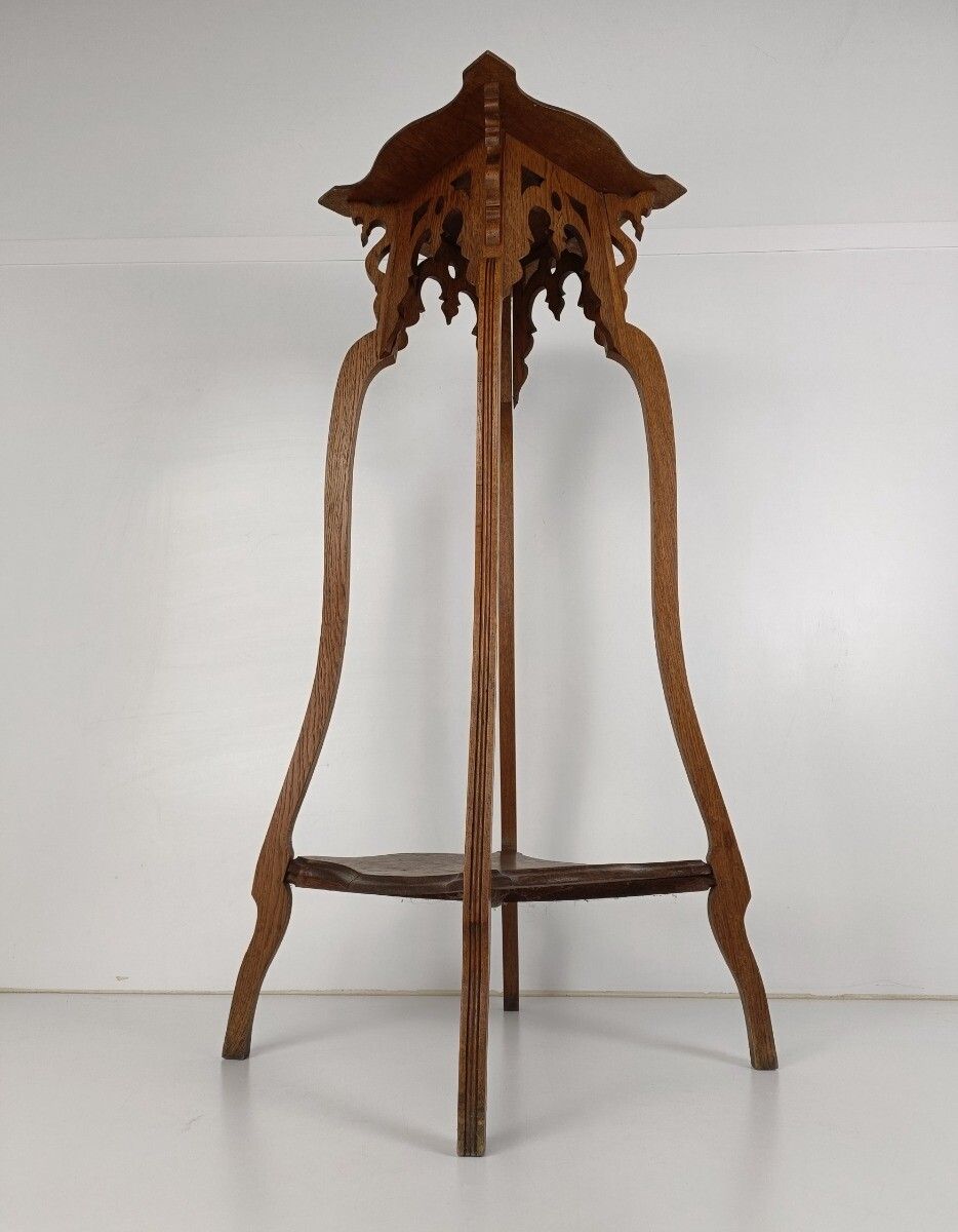 Furniture Art Noveau Antique Pedestal Plant Stand Two Tier Side Table, Bonsai Table Carved photo
