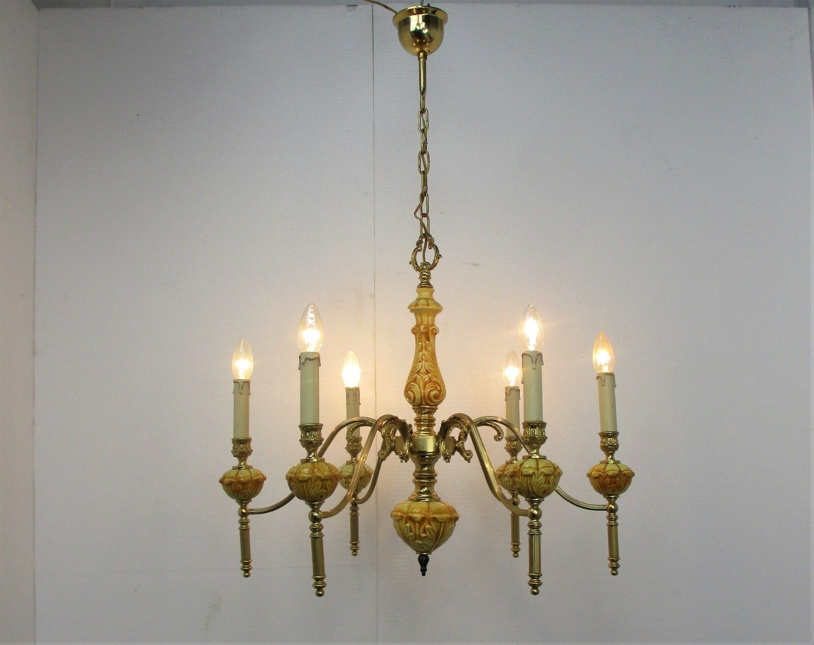 Chandelier Brass Brown Amber Porcelain Brass 6 Lights Hollywood Regency Style photo furniture