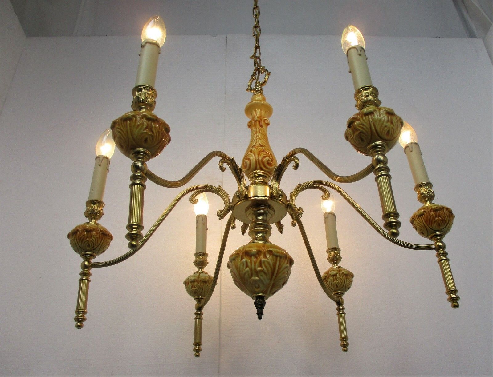 Chandelier Brass Brown Amber Porcelain Brass 6 Lights Hollywood Regency Style photo 278.0