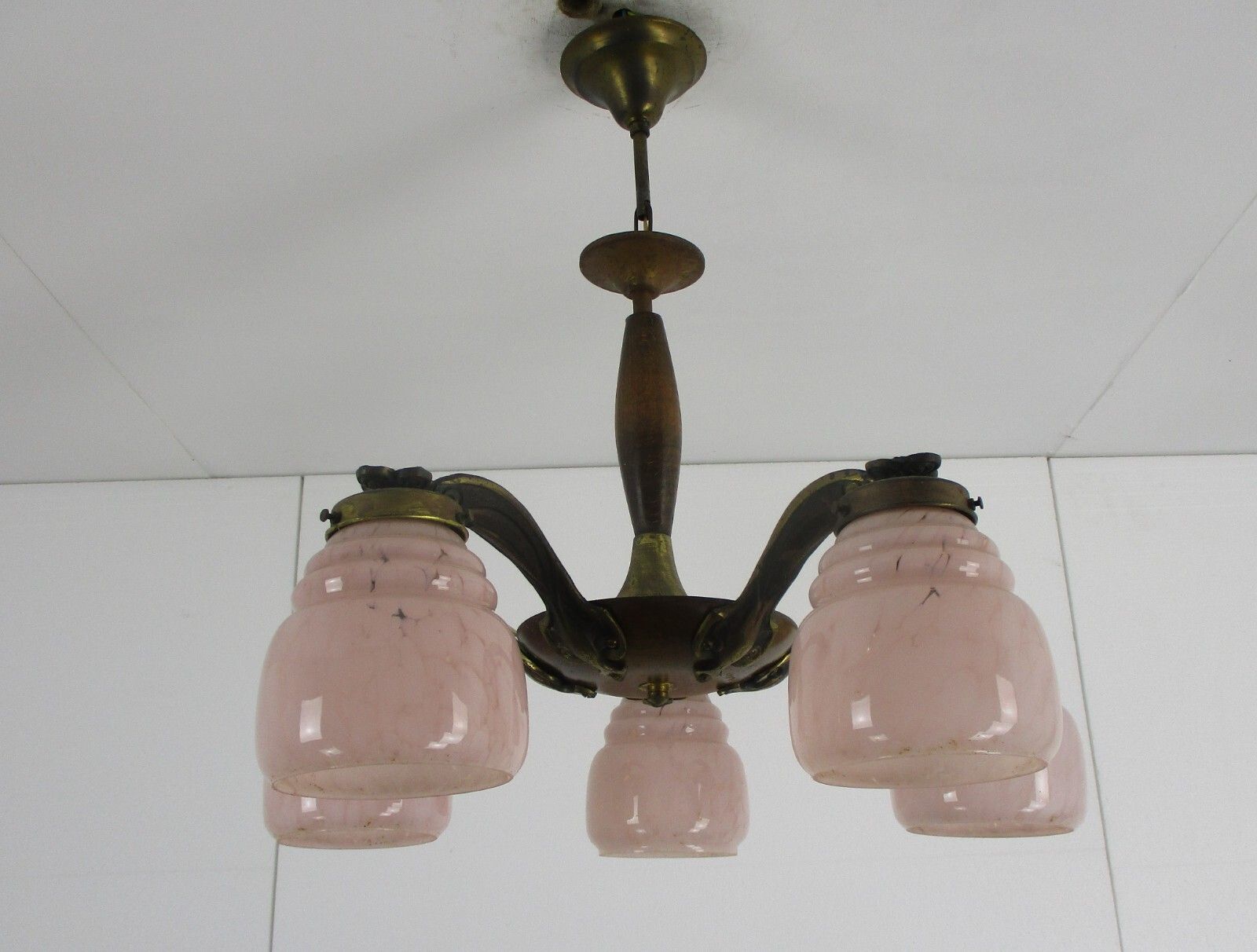 Chandelier 6 Arms Lights Art Deco Marbled Glass Pink Shades Spider Antique photo vinterior