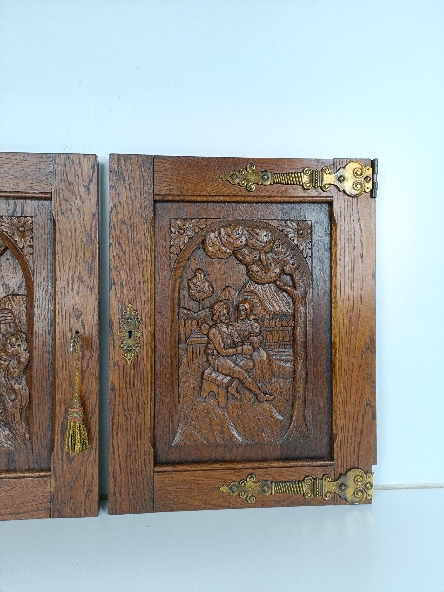 Pair Vintage Carved Wood Door Panels Brass Trims Breughel Style Architectural Sa photo Home Fixtures