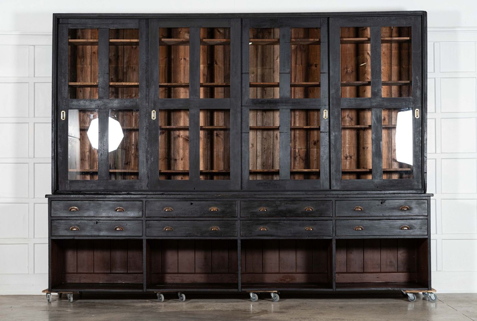 Monumental 19thc English Ebonised Pine Housekeepers / Haberdashery Cabinet