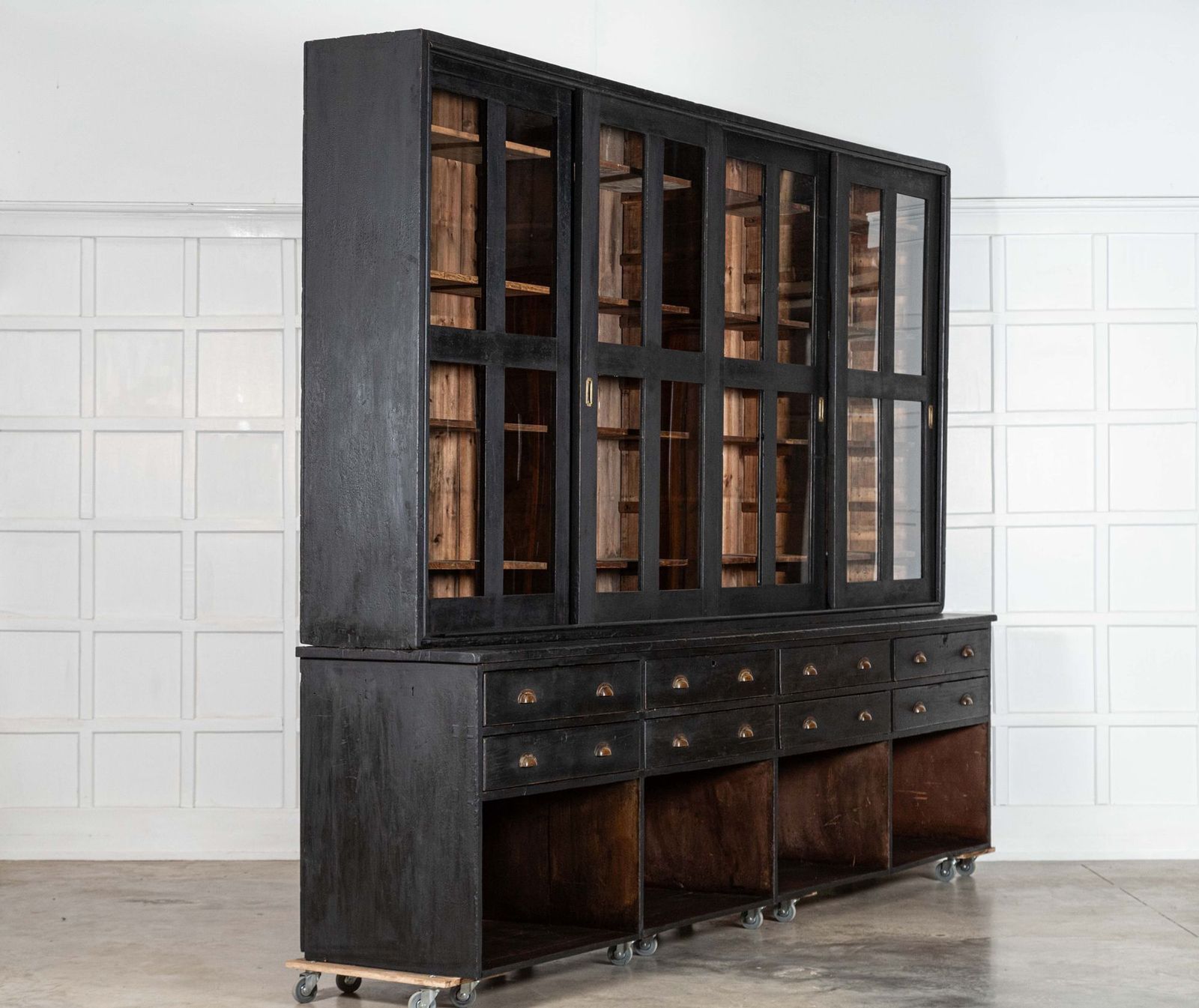 Monumental 19thc English Ebonised Pine Housekeepers / Haberdashery Cabinet photo for sale