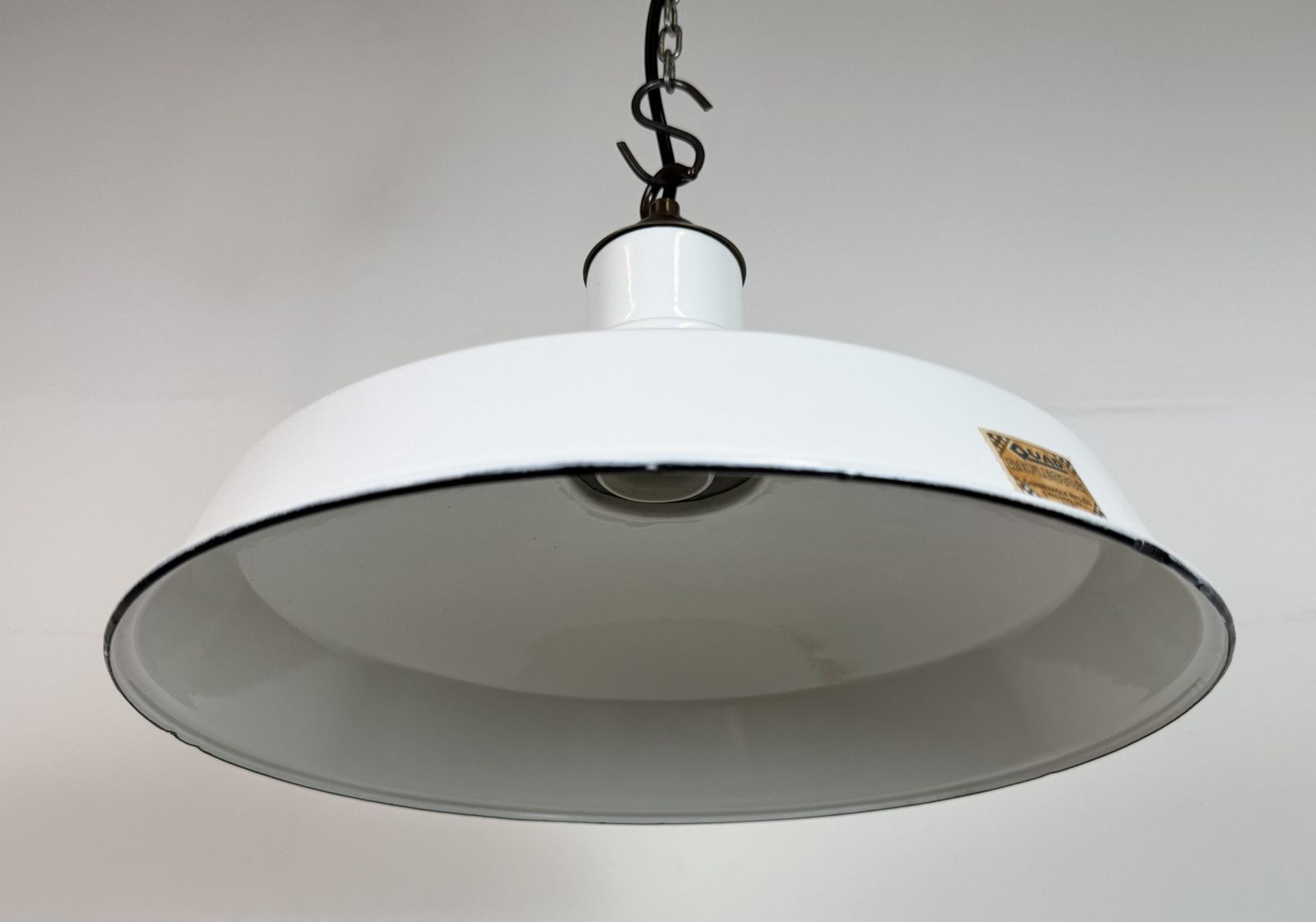 Industrial White Enamel Factory Pendant Lamp From Quadrangle Mfg. Co., 1960s, 5x photo vintage