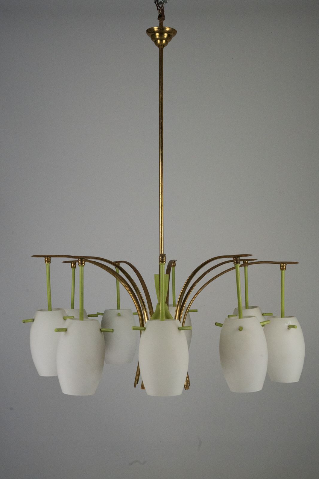 Midcentury 9 Arm Brass Chandelier With Green Lacquer & Opaline Glass. Italy 1950s photo vinterior