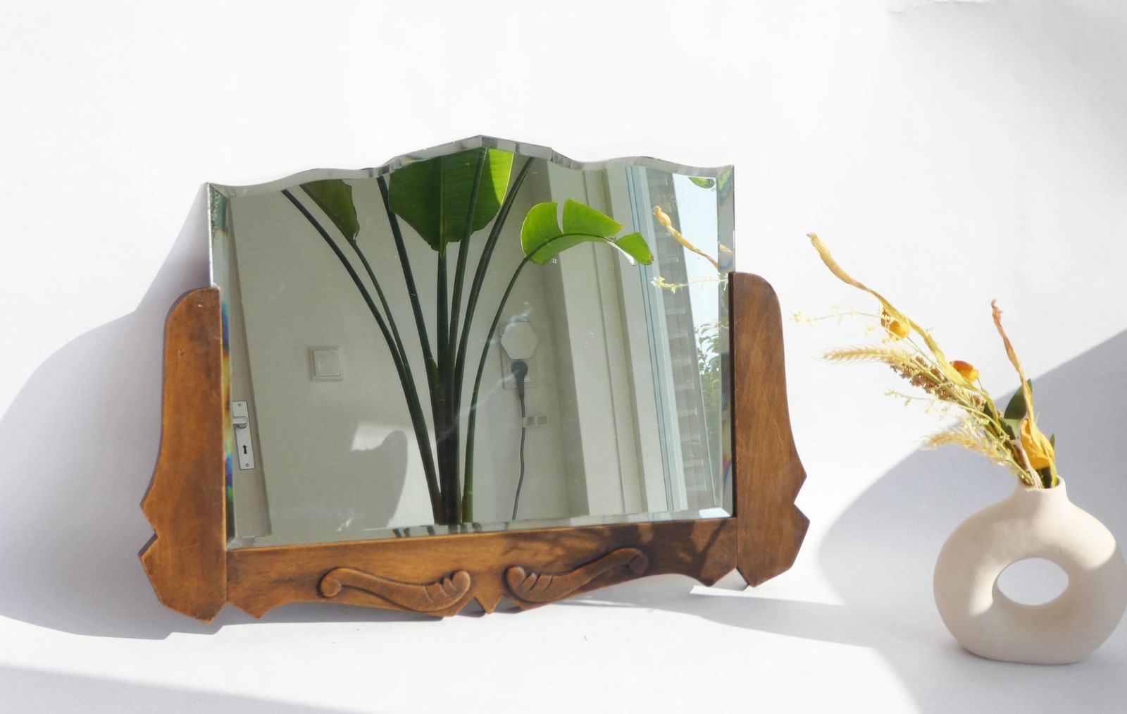 Antique Art Deco Beveled Mirror With Wooden Frame, Dutch Semi Frameless Wall Mirror With Carved Details, Farmhouse Decor Wall Hanging